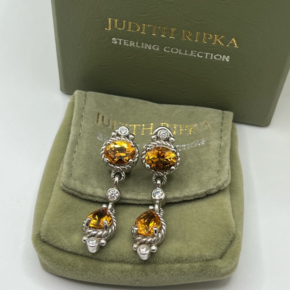 Judith Ripka Sterling Silver Genuine Citrine Diamond CZ Dangle Drip Earrings